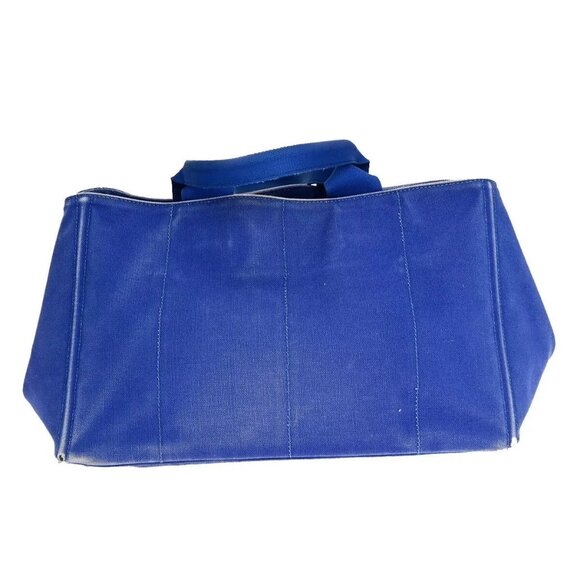 PRADA Milano Logo CANAPA Tote Hand Bag Canvas Leather Blue Gold - Picture 12 of 16